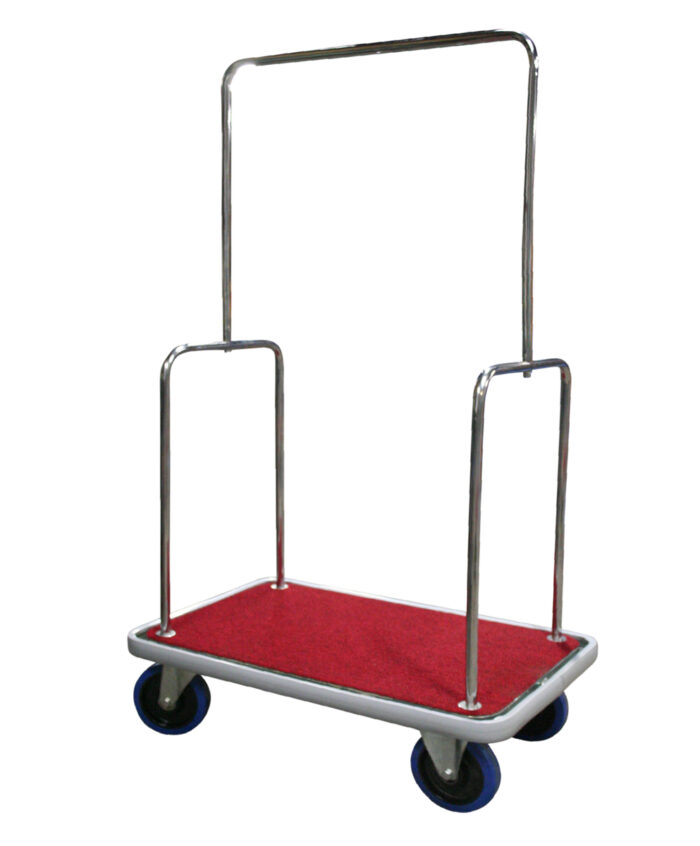 Carrello portabagagli "bus" in acciaio cromato piano rivestito in moquette rossa Carmeccanica