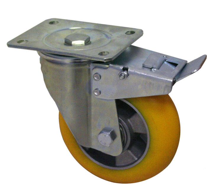 Ruota  alluminio poliuretano battistrada bombato d. 160x50- Supporto girevole con freno