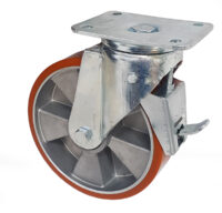 Ruota Alluminio Poliuretano ø200x50 - Supporto Girevole con Freno Posteriore