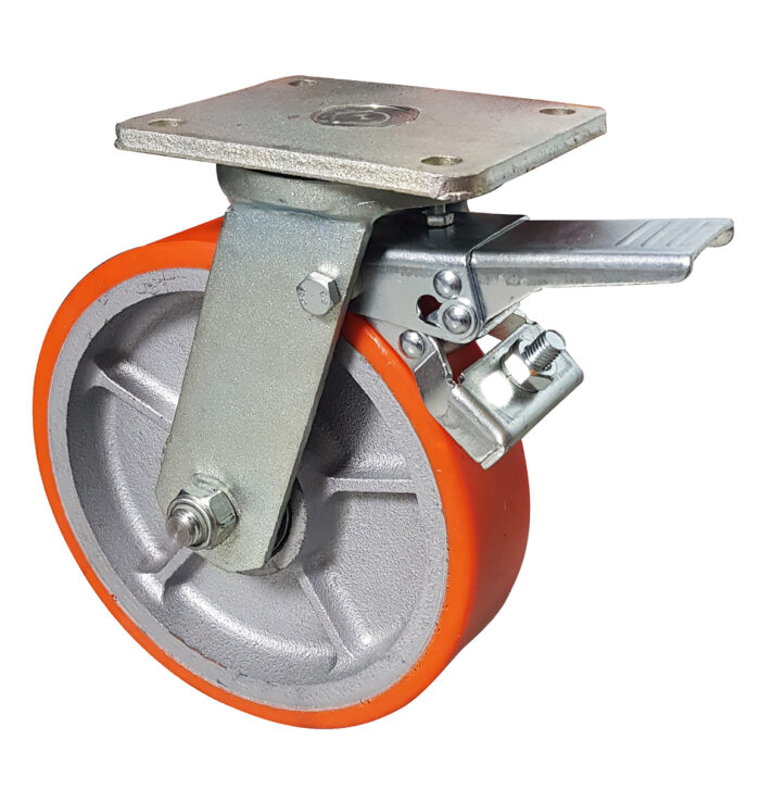 Ruota Ghisa Poliuretano d.250x60 - Supporto Rotante Elettrosaldato con Freno - immagine 2