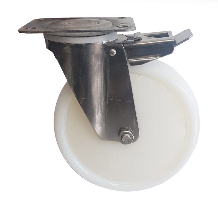 Ruota Nylon Bianco ø100x30 con parafili Girevole con Freno Inox - immagine 2