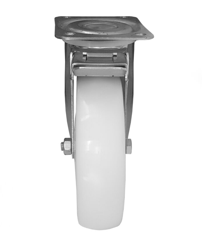Ruota Nylon Bianco ø100x30 con parafili Girevole con Freno Inox - immagine 3