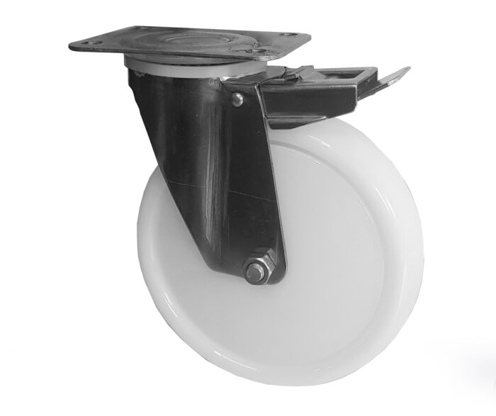 Ruota Nylon Bianco ø100x30 con parafili Girevole con Freno Inox